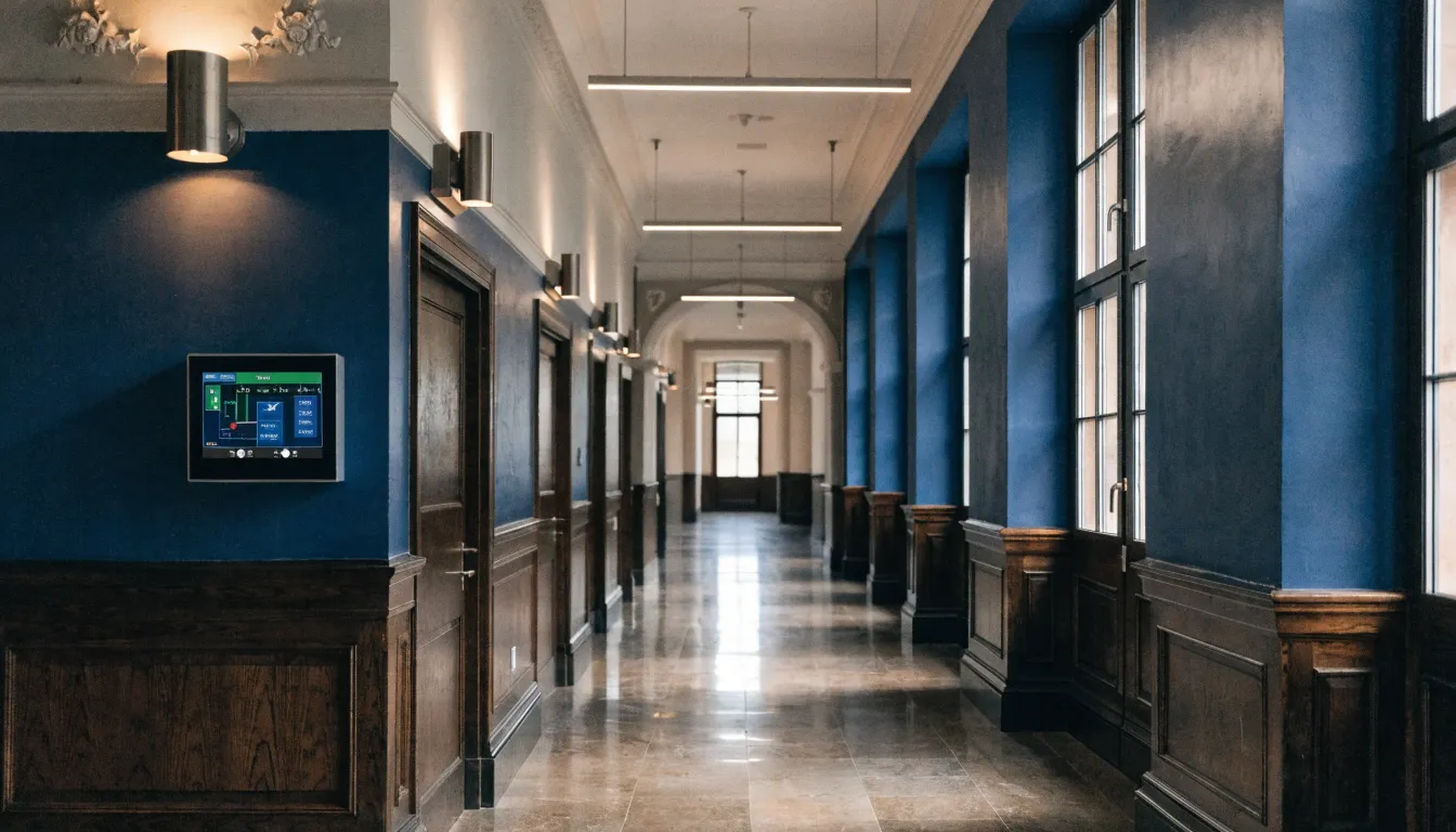 Couloir de lycée français avec panneau de gestion technique du bâtiment au mur