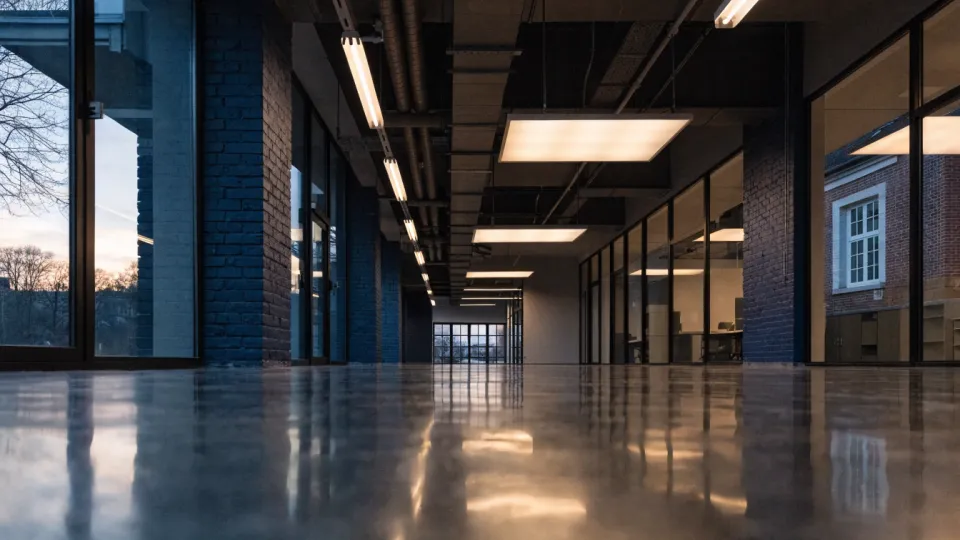 Couloir de bâtiment public au crépuscule en transition d'éclairage fluorescent vers LED, trois tubes anciens remplacés par des panneaux LED visibles