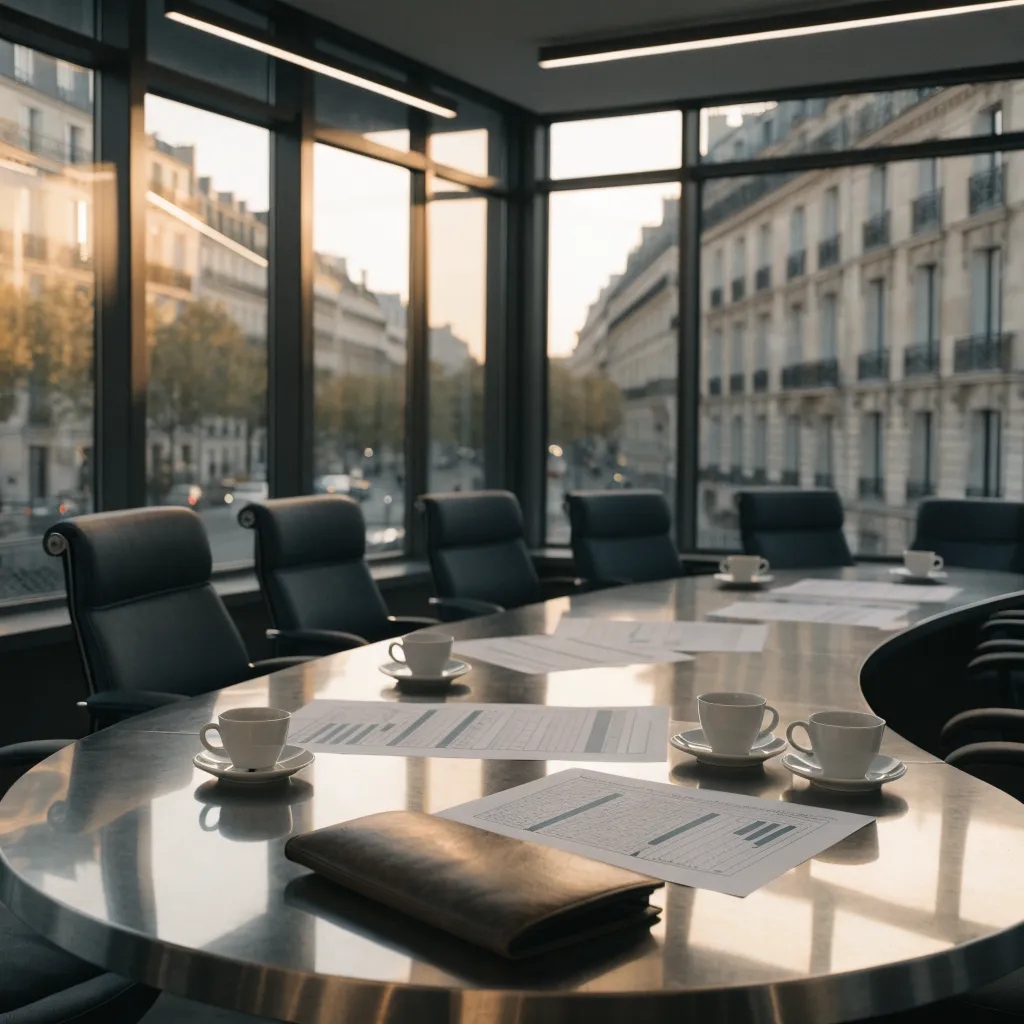 Salle de comité d'investissement avec documents de chiffrage financier sur la table et skyline floutée en arrière-plan, illustration de l'arbitrage prospectif post-arrêté CEE