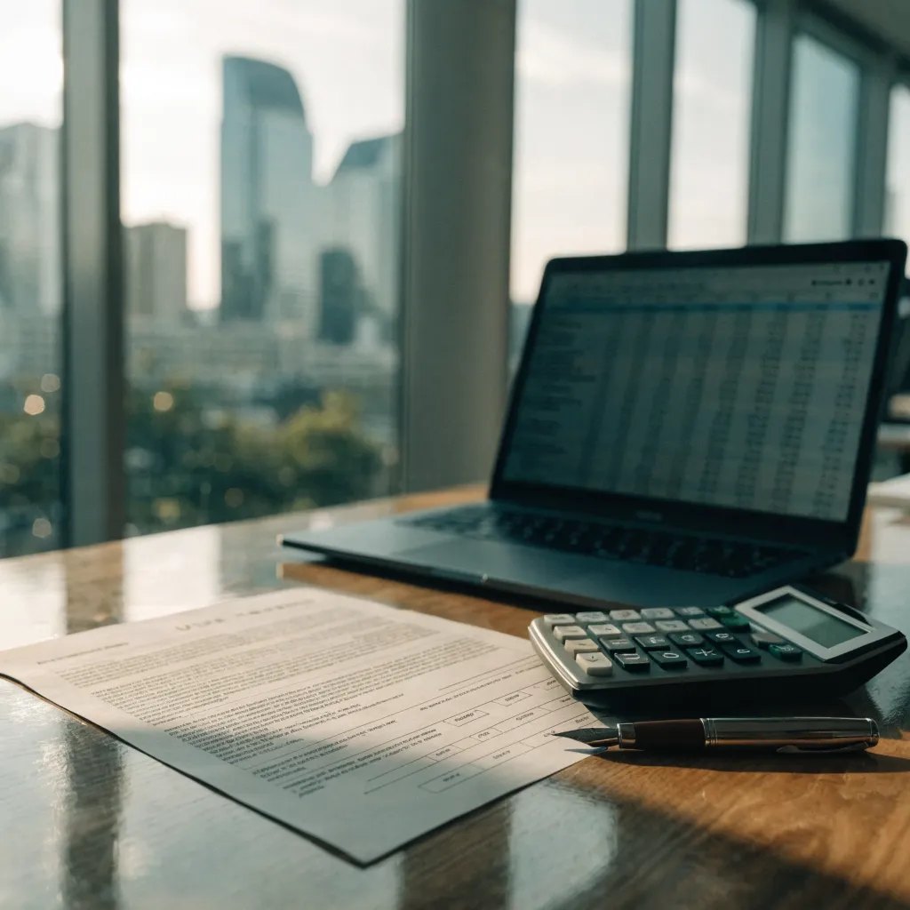 Bureau d'un directeur financier avec contrat de leasing imprimé sur la table, calculatrice et stylo, écran portable affichant une matrice de comparaison financière, ambiance professionnelle de fin de journée